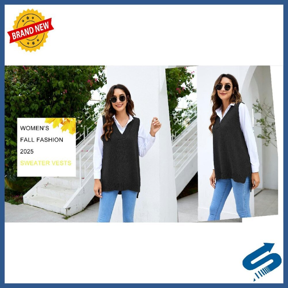 Oversized V-Neck Sweater Vest Sleeveless Knitted Pullover Fall Tops - Picture 7 of 8